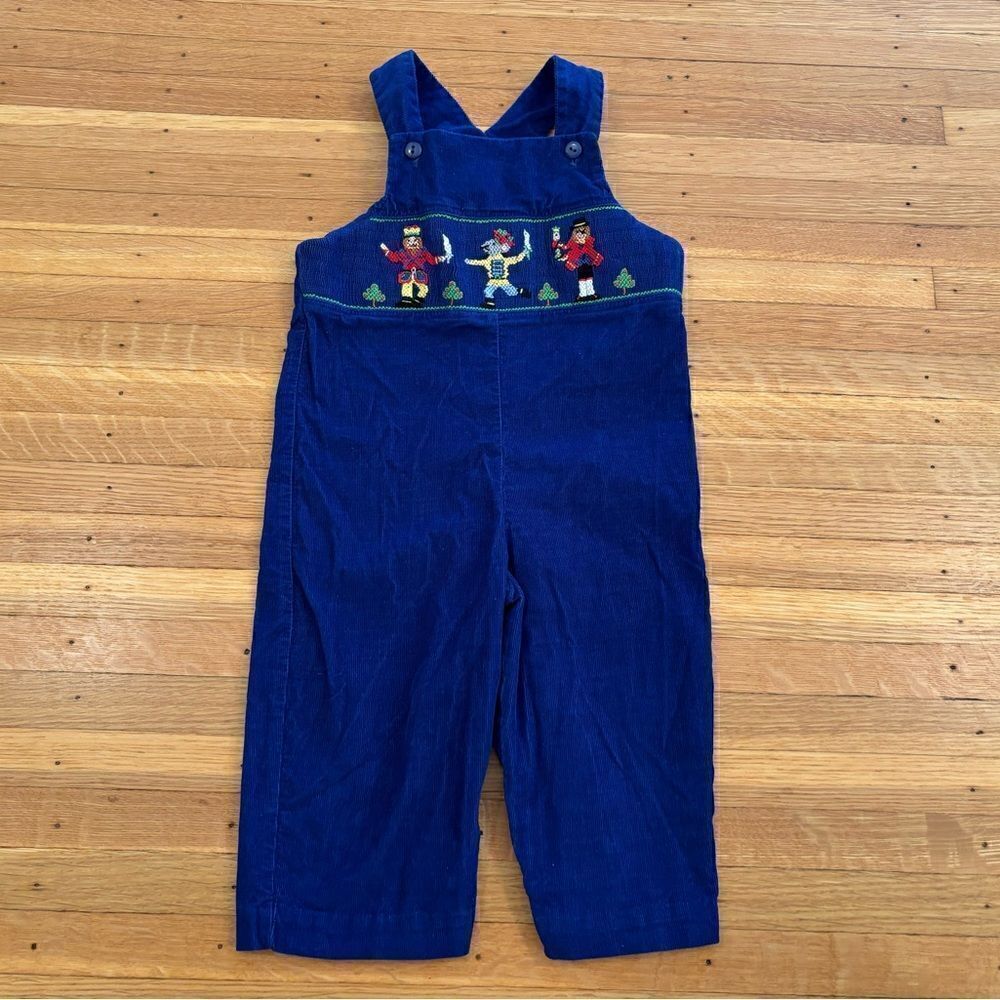 Vive La Fête Nutcracker embroidered blue corduroy overalls